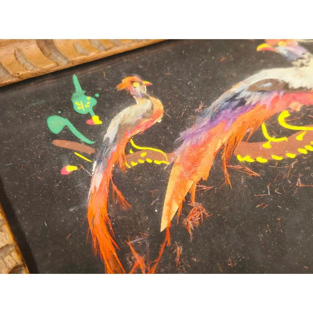 Vintage Mexican Feather Art Hand Carved Wood Bird Painting Folk Art Serving Tray